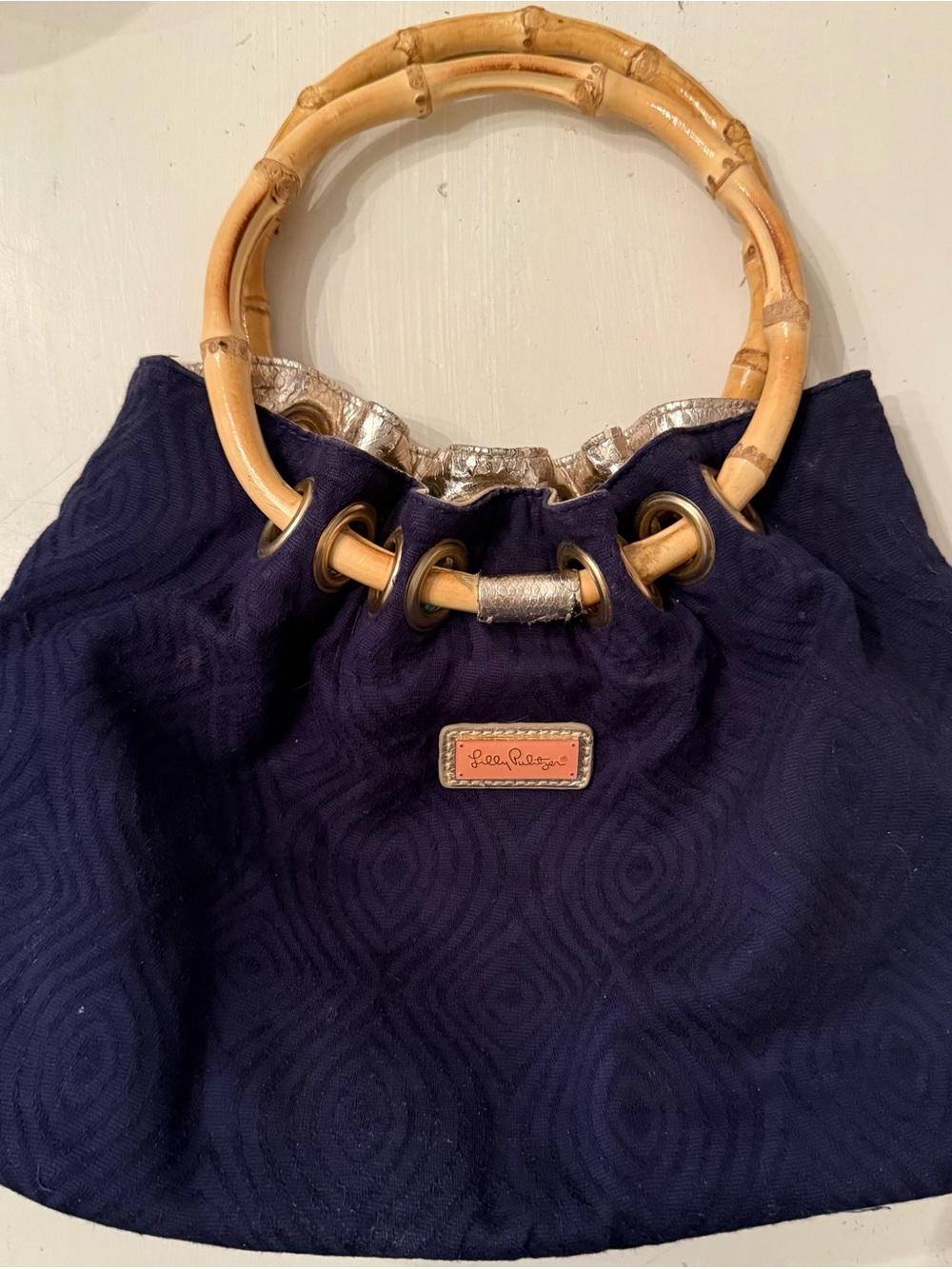 Lilly Pulitzer Navy Bamboo-Handle Tote with Metallic Trim